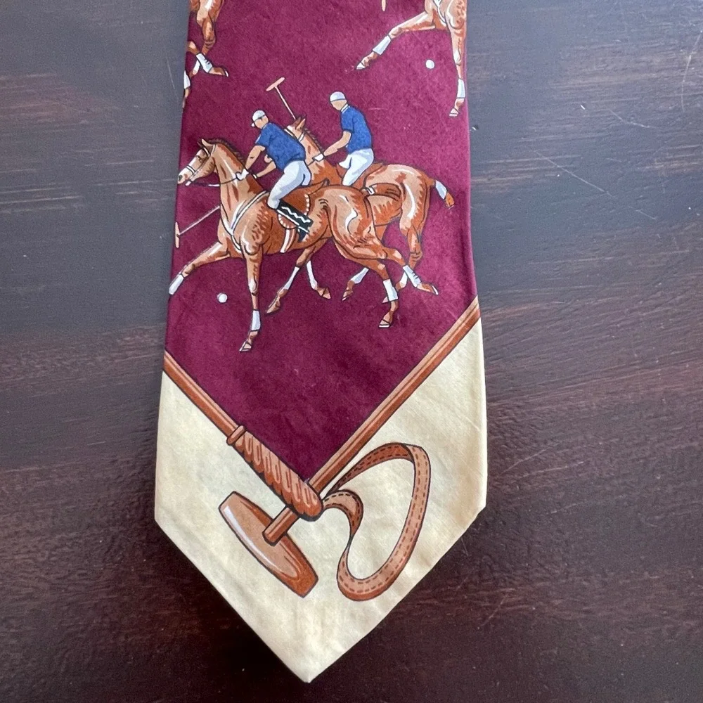 Polo Ralph Lauren Silk Tie Burgundy Equestrian Polo Player Mallet‎ Print Vintage